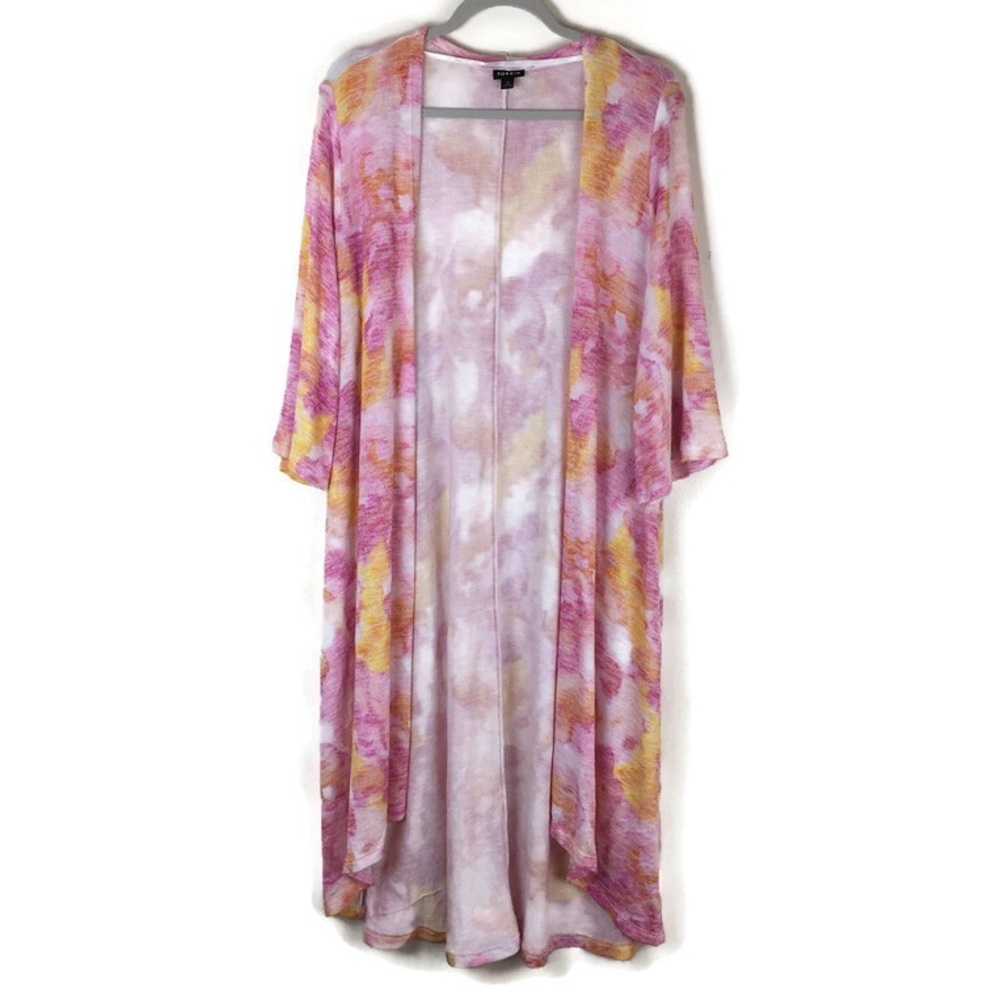Torrid Watercolor Hacci Knit High Low Open Front Kimono in Multicolor